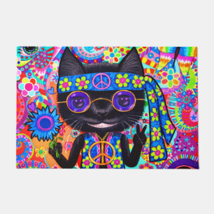 Tapete Feliz Hippie Cat Óculos escuros Sinal de paz Flor