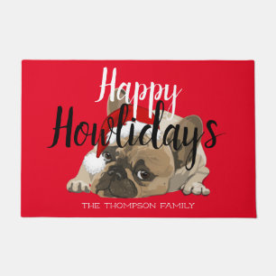 Tapete Feliz Howlidays Cachorro francês engraçado vermelh