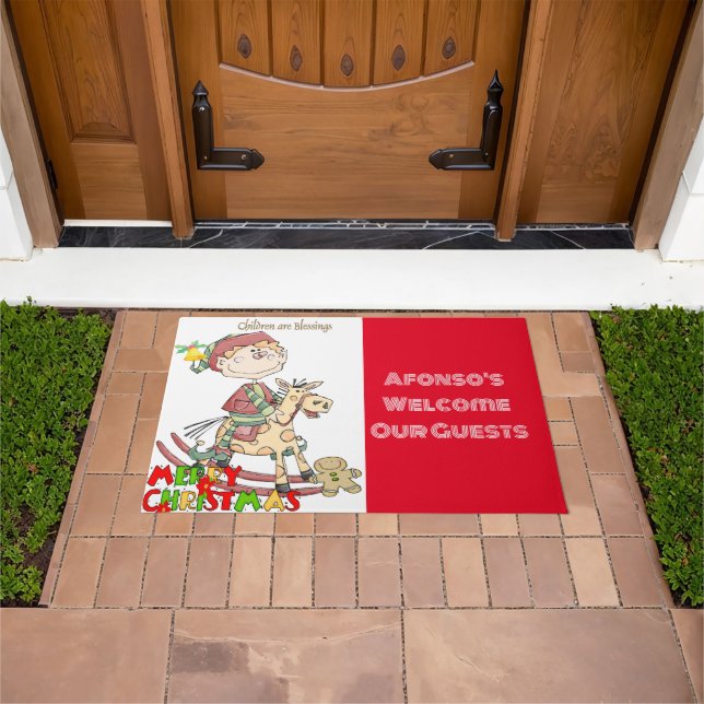 Tapete Feliz Natal Abençoa o Elfo Vermelho Matt Doormat (Ar livre)