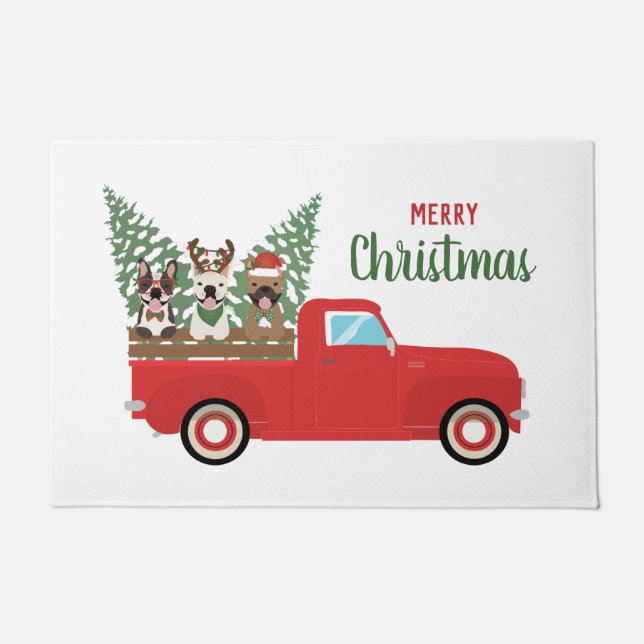 Tapete Feliz Natal Francês Bulldog Red Pickup Truck (Frente)