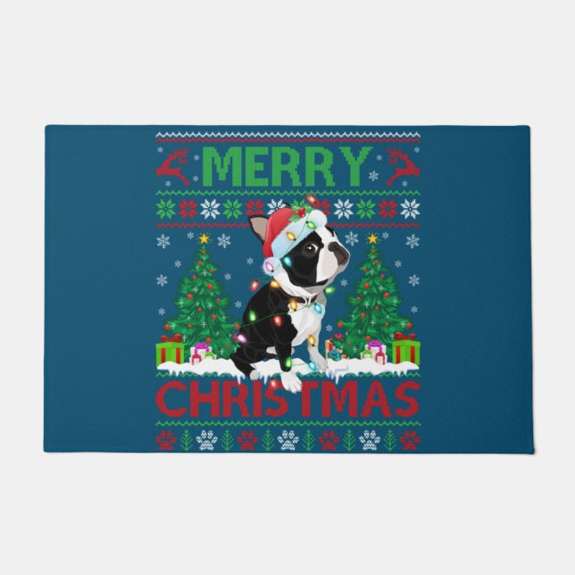 Tapete Feliz Natal Iluminação Feia de Boston Terrier Chri (Frente)