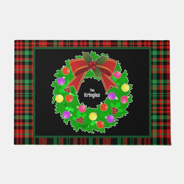 Tapete Feliz Natal Wreath Personalizar Xadrez Verde Verme (Frente)