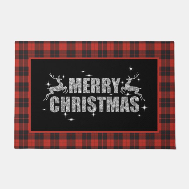 Tapete Feliz Reindeer de Natal na Xadrez (Frente)