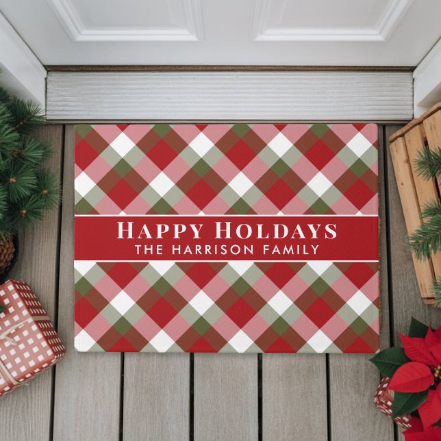 Tapete Felizes Festas Xadrez de Natal (Happy Holidays Christmas Plaid Doormat)