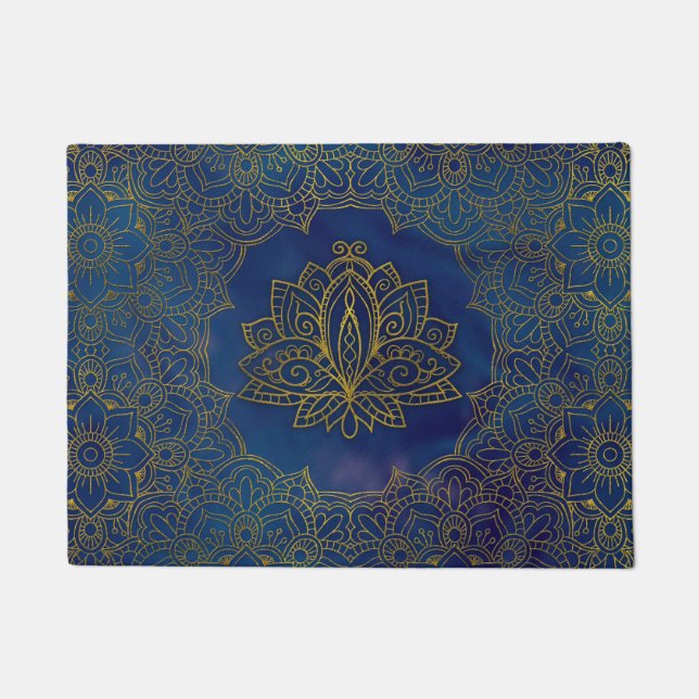 Tapete Flor de Lotus Dourado elegante no azul (Frente)