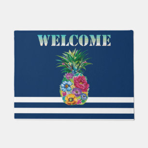 Tapete Floral Abacaxi Náutico Azul Marinho Listrado