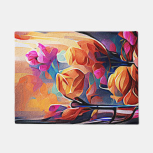 Tapete Floral Abstrato Art Laranja Vermelho Azul Flores