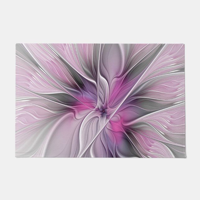 Tapete Floral Fractal Moderno Abstrato Flor Rosa Cinza (Frente)