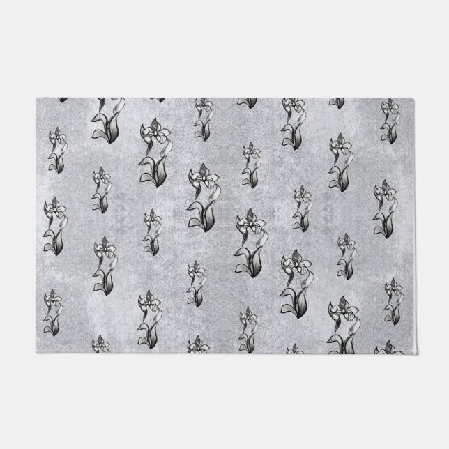 Tapete Flores brancas abstrato pretas brilhantes em prata (Frente)