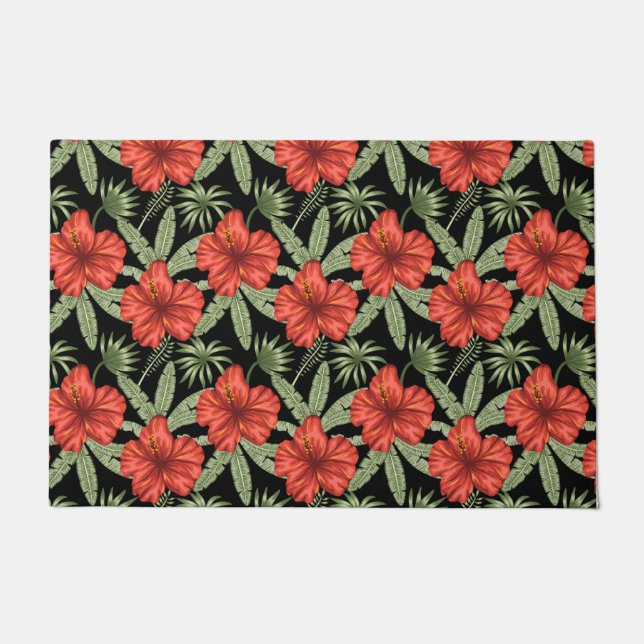 Tapete Flores tropicais vermelhas Folhas verdes (Frente)