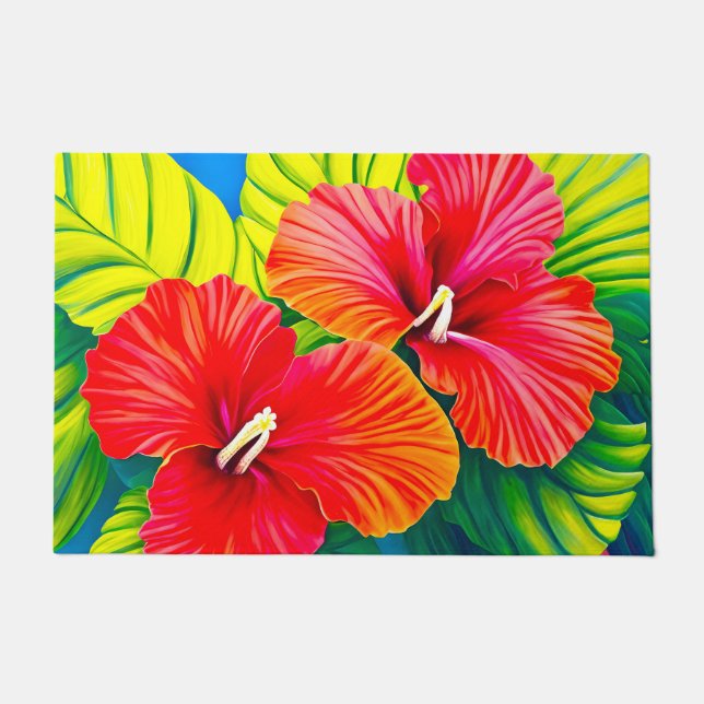 Tapete Flores vermelhas hibiscus havaianas com folhas ver (Frente)