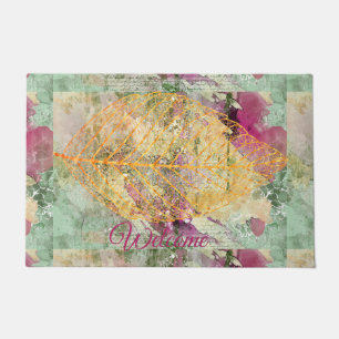 Tapete Folha de Ouro Outono Decoupage Verde Rosa Bem-vind