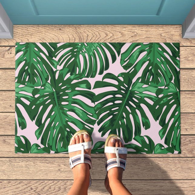 Tapete Folhas de junção Rosa Tropicais (Doormat with green palm leaves on pale pink background)