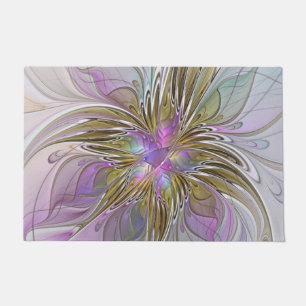 Tapete Fractal Abstrato, Colorida Floral, Rosa E Dourado