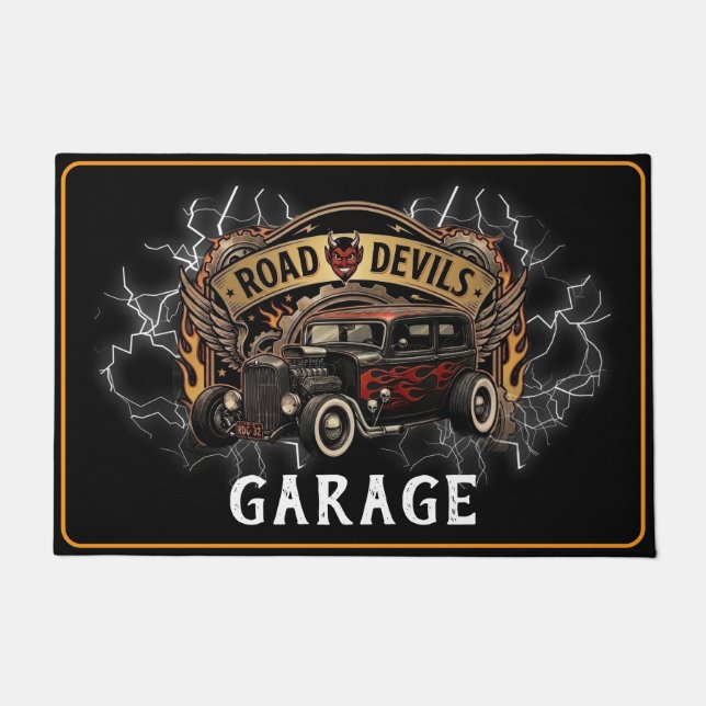 Tapete Garage Road Devils Hotrod Preto Chamas Vermelhas (Frente)