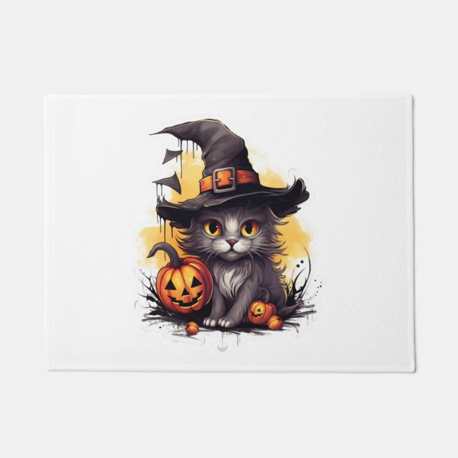 Tapete Gato bonitinho de Halloween com chapéu e abóbora (Frente)