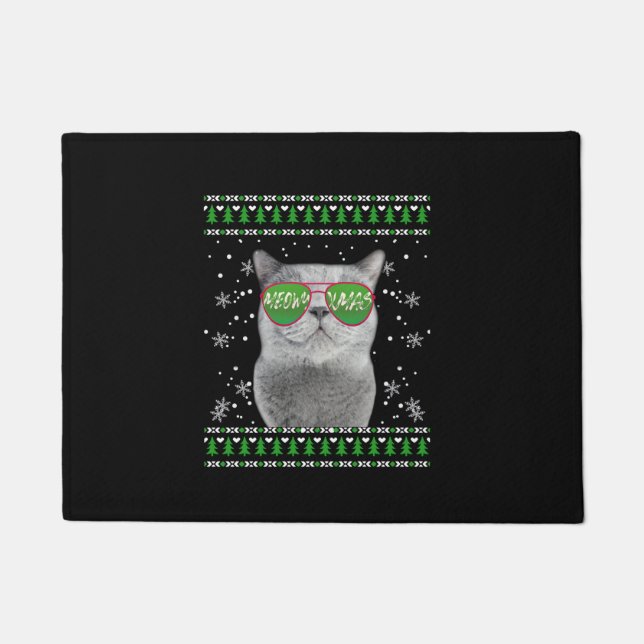 Tapete Gato com óculos de sol Suéter de Natal Feliz (Frente)