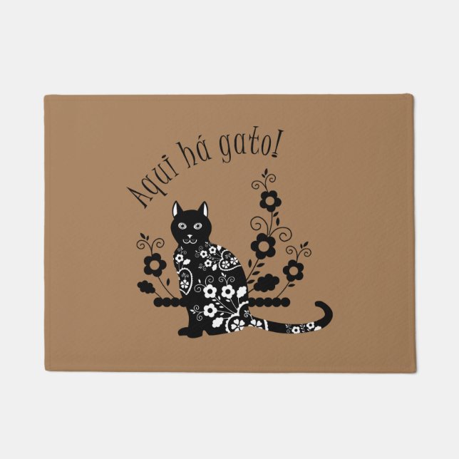 Tapete Gato negro com flores e expressão portuguesa (Frente)