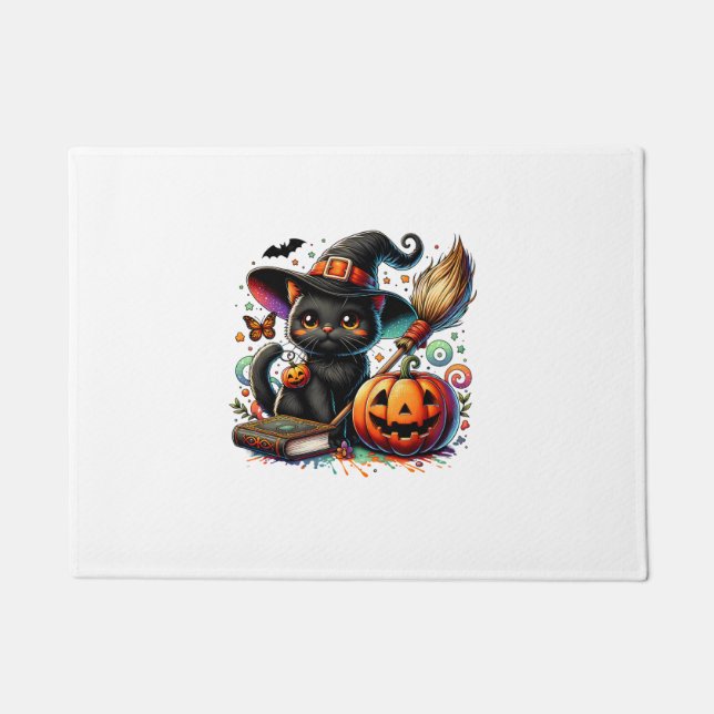 Tapete Gato Negro Engraçado Feiticeiro Wand Pumpkin Cute  (Frente)