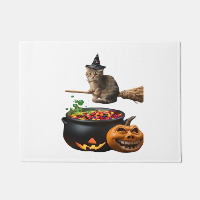 Tapete Gato numa vassoura no Halloween. T-Shirt Clássico (Frente)