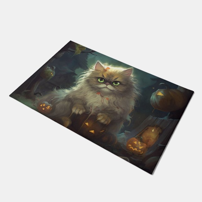 Tapete Gato Persa do Halloween Com Pumpkins Assustado (Inclinado)