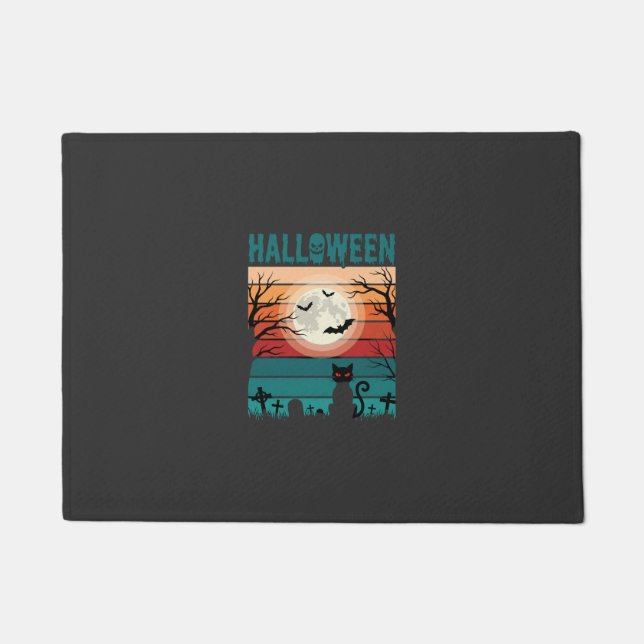 Tapete Gato Preto De Halloween Lua Cemitério Vetor Retro  (Frente)