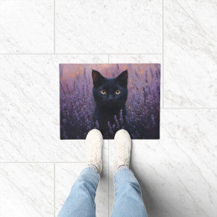 Tapete Gato Preto numa Ilustração de Campo de Lavanda