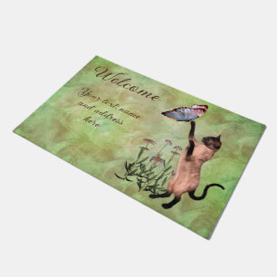 Tapete Gato Siamês Com Borboleta Personalizada Bem-Vindo