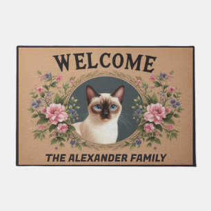 Tapete Gato Siamês Personalizado, Kitten Floral Bem-Vindo