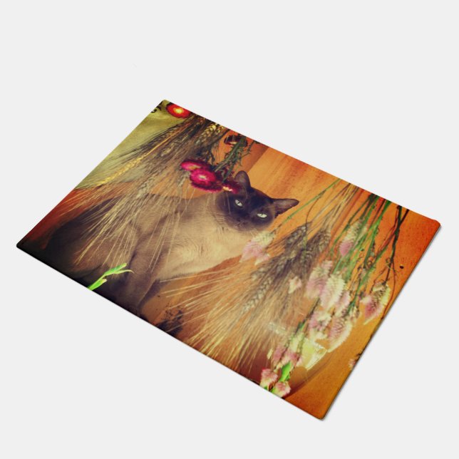 Tapete Gato Siamês Posicionando Com Flores (Inclinado)