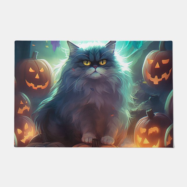 Tapete Gato Siberiano De Halloween Com Pumpkins Assustado (Frente)