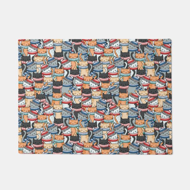 Tapete Gatos no padrão de escarpas e chapéus de inverno (Frente)