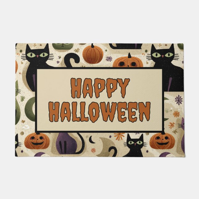 Tapete Gatos Pretos Caprichosos e Abóboras de Halloween (Frente)