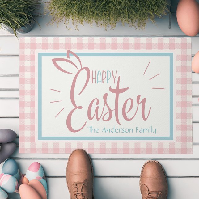 Tapete Gingham E Felz pascoa De Ouvidos Coelhinhos Person (Gingham And Bunny Ears Happy Easter Personalized Doormat)