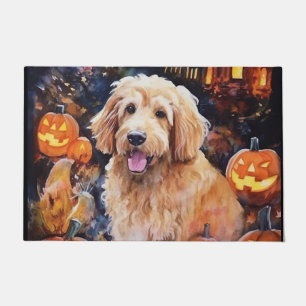 Tapete Goldendoodle do Halloween Com Pumpkins Assustado