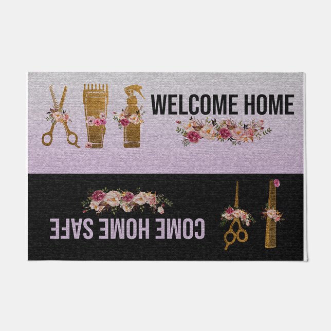 Tapete Hair Salon Welcome Doormat, Venha Para Casa Seguro (Frente)