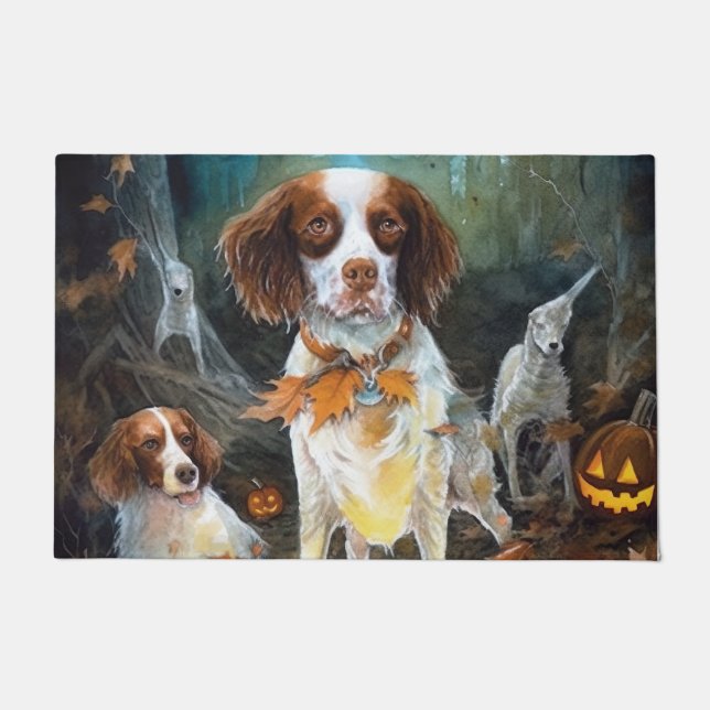 Tapete Halloween Brittany Spaniel Com Pumpkins Assustado (Frente)