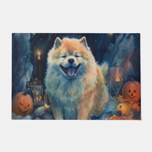 Tapete Halloween Chow Chow Com Pumpkins Assustado (Frente)