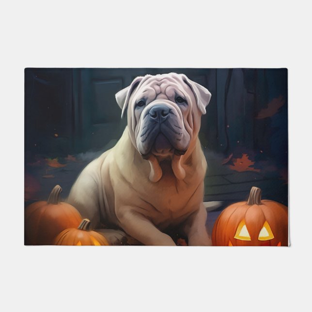 Tapete Halloween Shar Pei Com Pumpkins Assustado (Frente)
