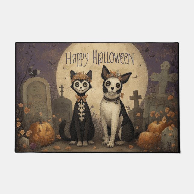 Tapete Happy Halloween Skeleton Cat and Dog in Graveyard (Frente)
