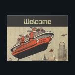 Tapete Helicóptero Vintage Science Ficise<br><div class="desc">É fácil personalizar este tapete de boas-vindas com o seu texto personalizado! Ilustração vitoriana futurista vitoriana viagem steampunk e imagem de ficção científica de transporte. Uma nave a vapor parecida com o navio de cruzeiro Titanic e voando como um helicóptero sobre os prédios urbanos. Um clássico design de ficção científica...</div>