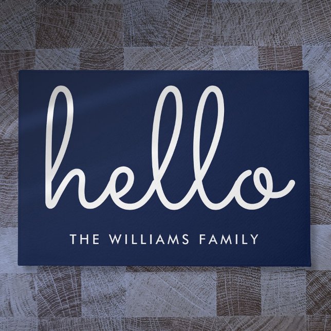 Tapete Hello Na moda Script Marinho Blue Custom Family Na (Hello Stylish Script Navy Blue Custom Family Name Doormat)