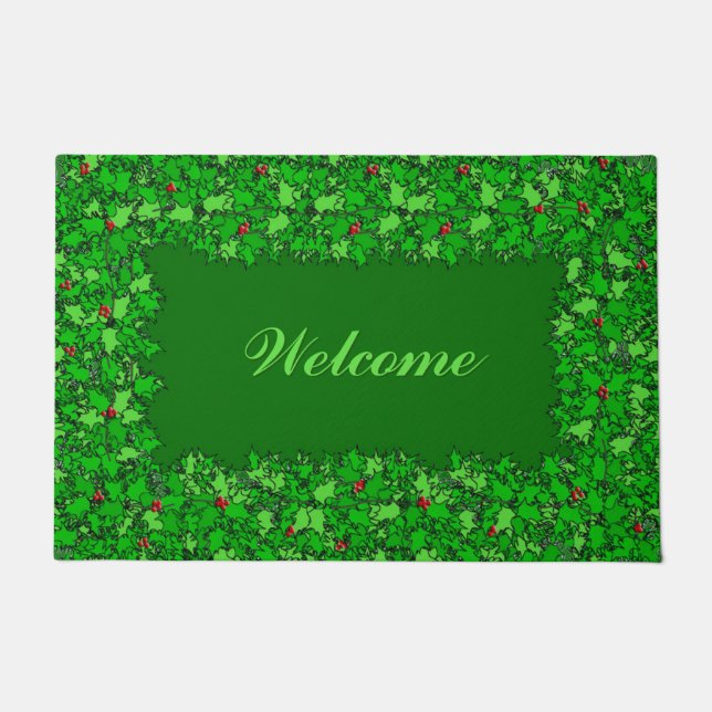 Tapete Holly Wreath com Texto, Porta Verde Escura (Frente)
