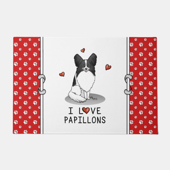 Tapete I Love Papillons (branco e preto) Hearts Dogs Cute (Frente)