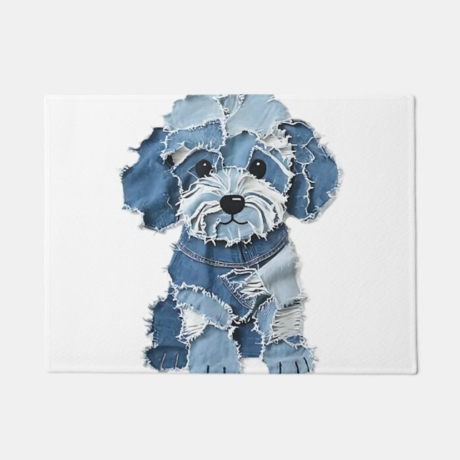 Tapete Ilustração de Cachorro com Remendo de Denim Fofo (Frente)