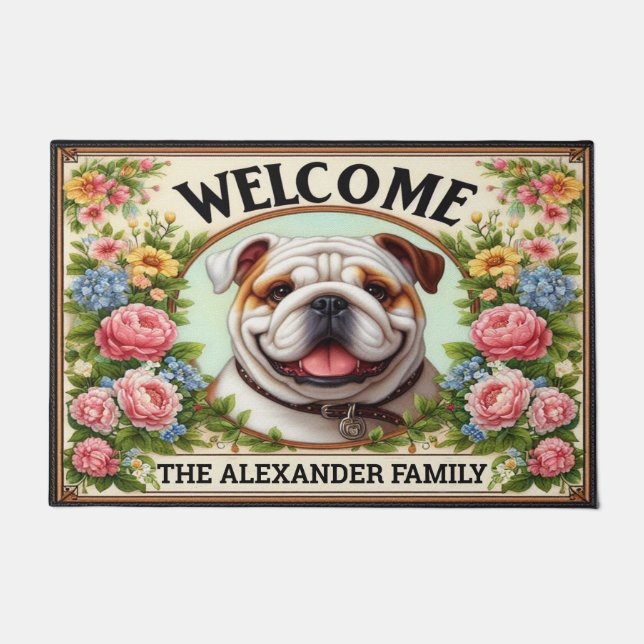 Tapete Inglês Bulldog Home Sweet, Floral Frame Welcome (Frente)
