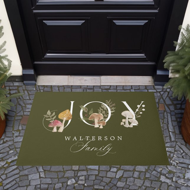 Tapete Joy Rustic Woodsy Watercolor Natal (Joy Rustic Woodsy Watercolor Mushroom Christmas Doormat)