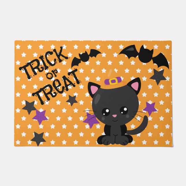 TAPETE LARANJA E ESTRELAS BRANCAS COM GATO PRETO E BATATO (Frente)