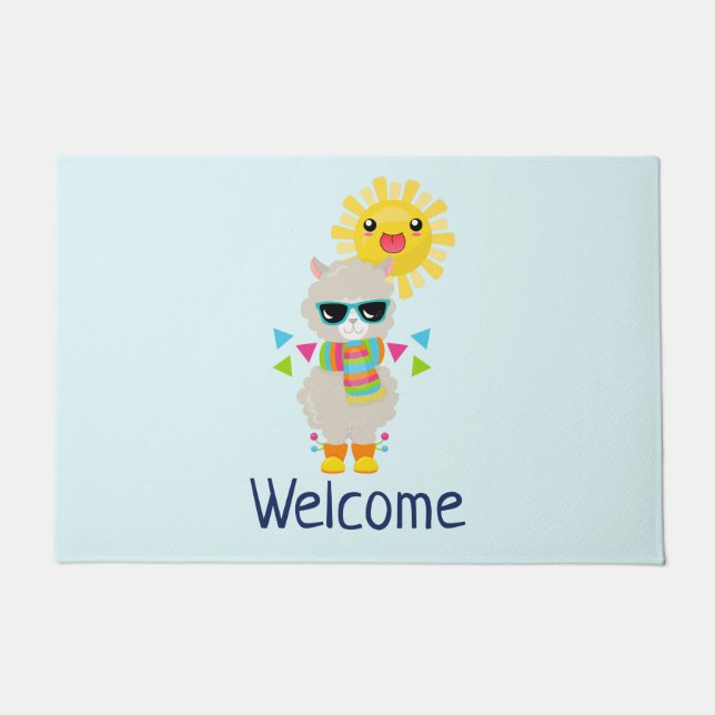 Tapete Legal Llama e sorrindo Kawaii Sun Bem-vindo (Frente)