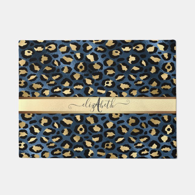 Tapete Leopard Padrão Monograma Dourado Azul (Frente)
